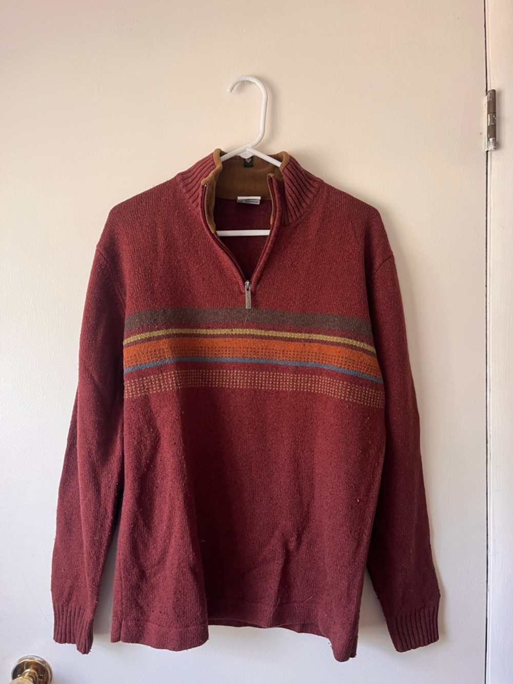 Columbia Sportwear Men's Half-Zip Wool Sweater Pullover Maroon w/ Stripes Large